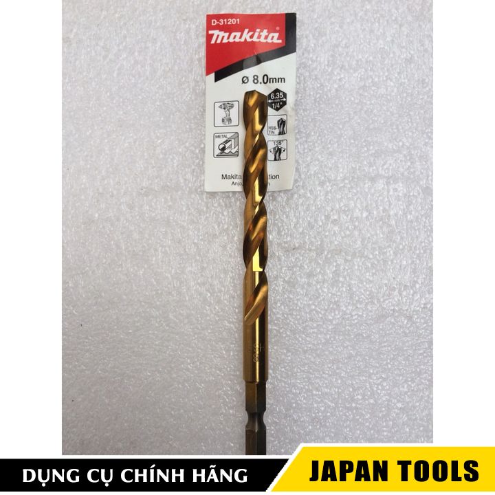 Mũi khoan sắt 8.0x117mm chuôi lục giác Hss-Tin 6.35mm Makita D-31201 | Japan Tools