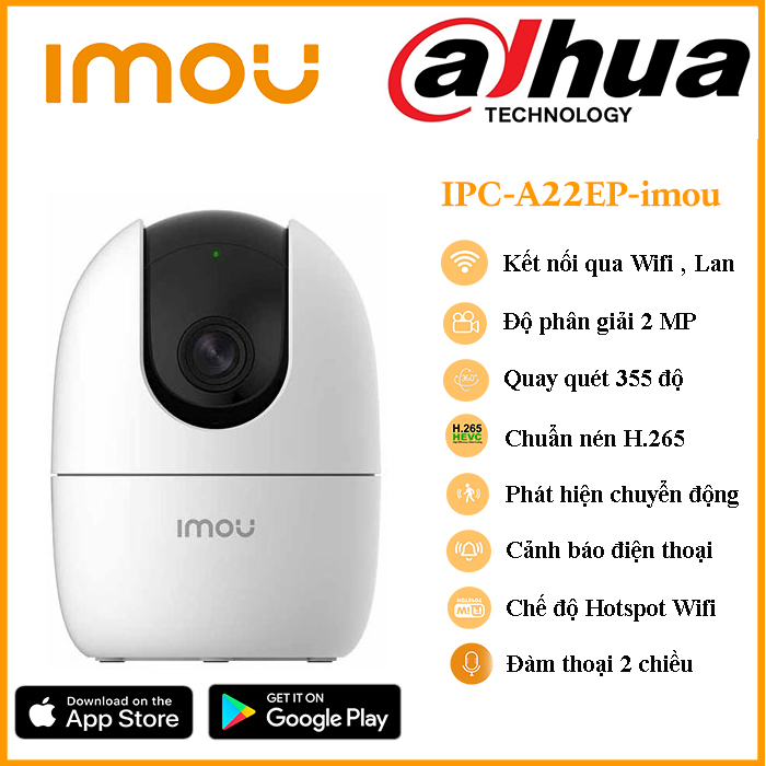 Camera IMOU wifi,Camera IMOU Ranger 2 A22EP H265,2 Megapixel,xoay,đàm thoại,phát hiện chuyển động - Hàng chính hãng bảo hành 24T