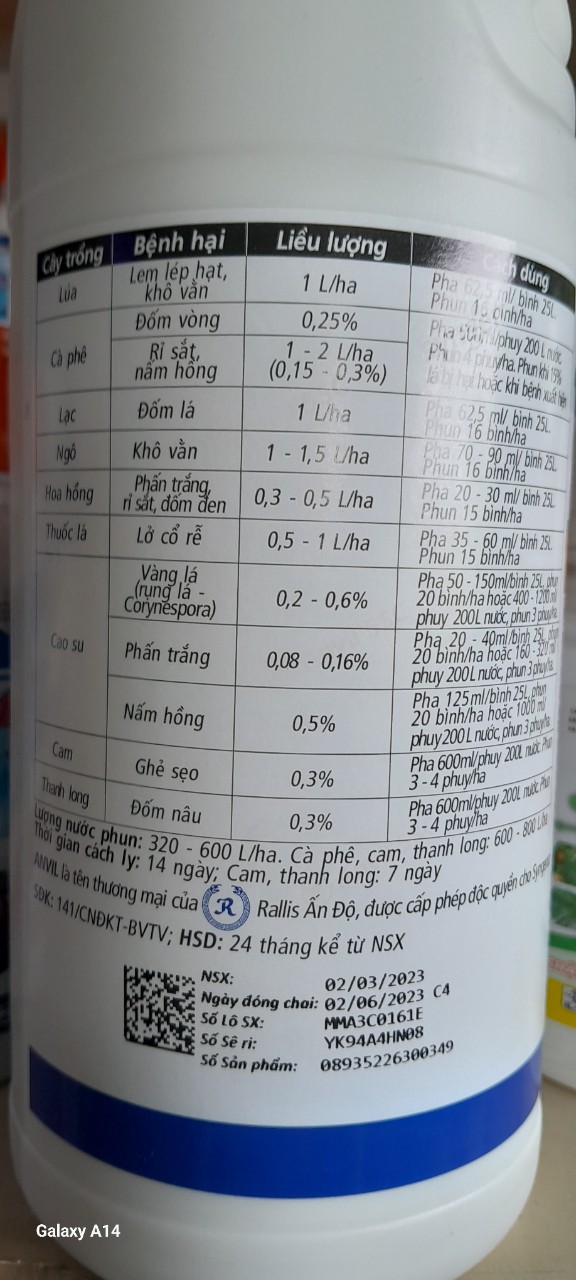 Thuốc trừ bệnh Anvil 5SC chai 1 lít.