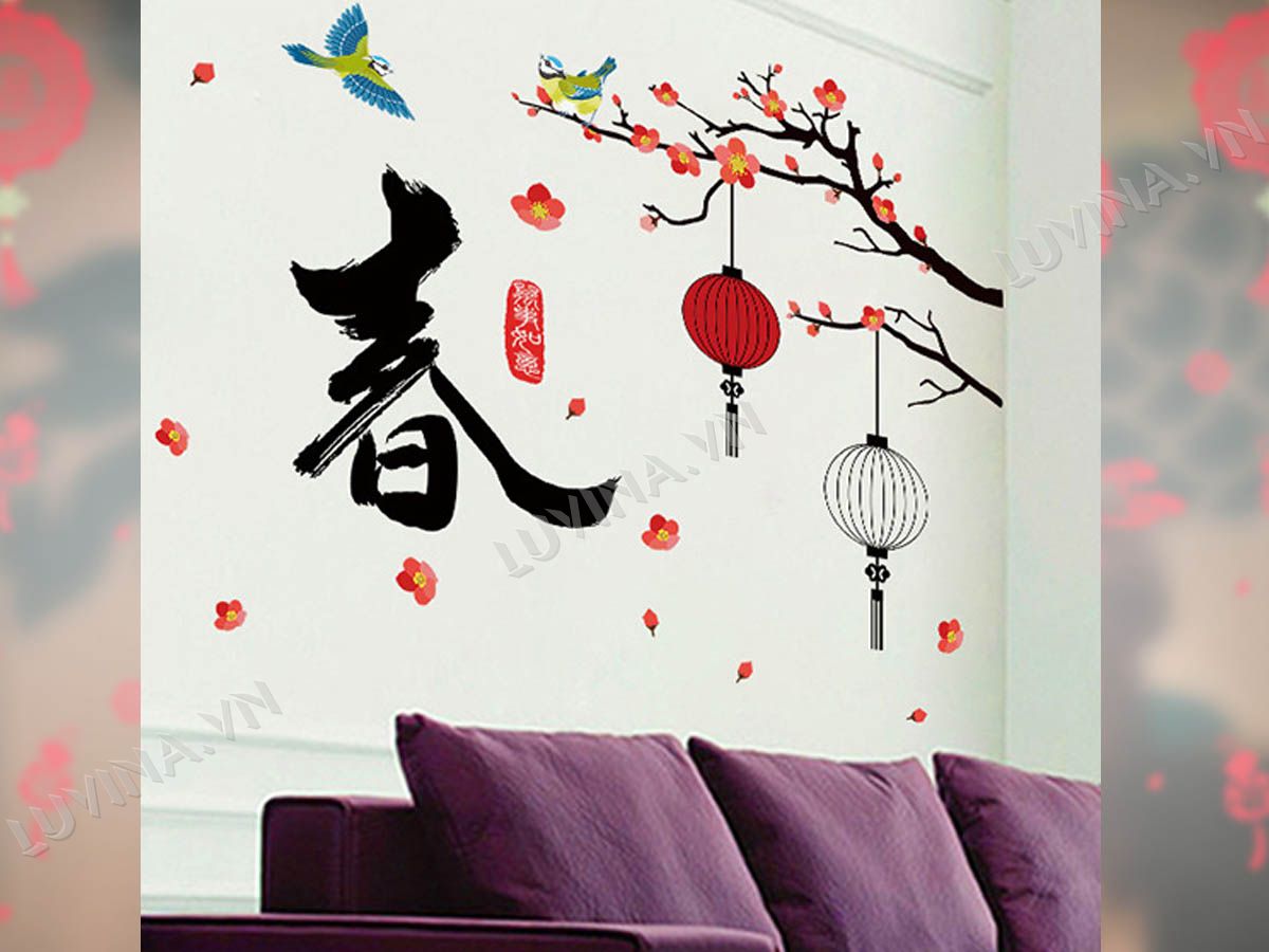 [HCM]DECAL DÁN TƯỜNG TẾT CÀNH ĐÀO TREO ĐÈN LỒNG TRẮNG ĐỎ