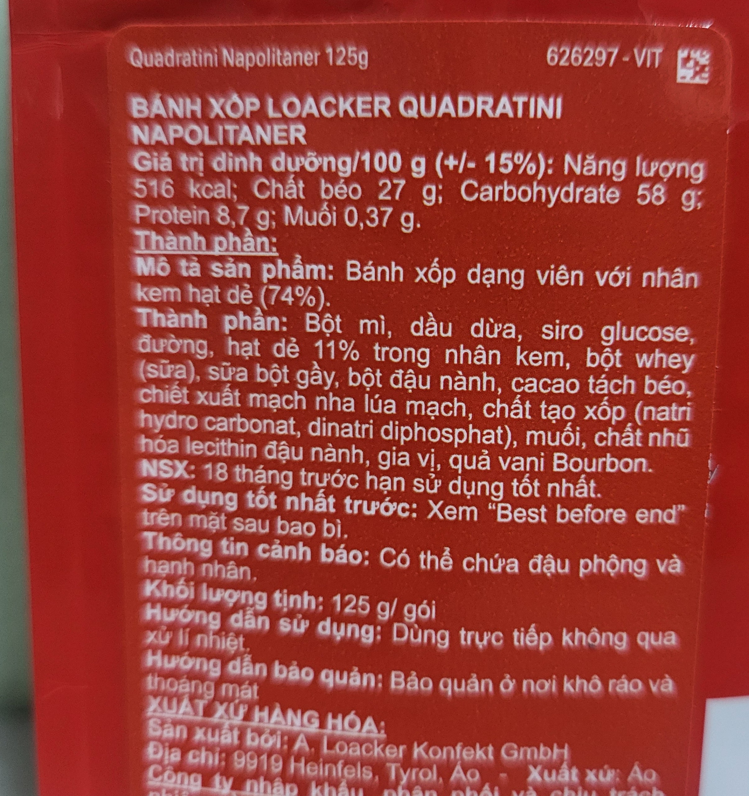 [Gói 125g – ĐỎ] BÁNH XỐP NHÂN KEM HẠT DẺ [Austria] LOACKER Quadratini Napolitaner