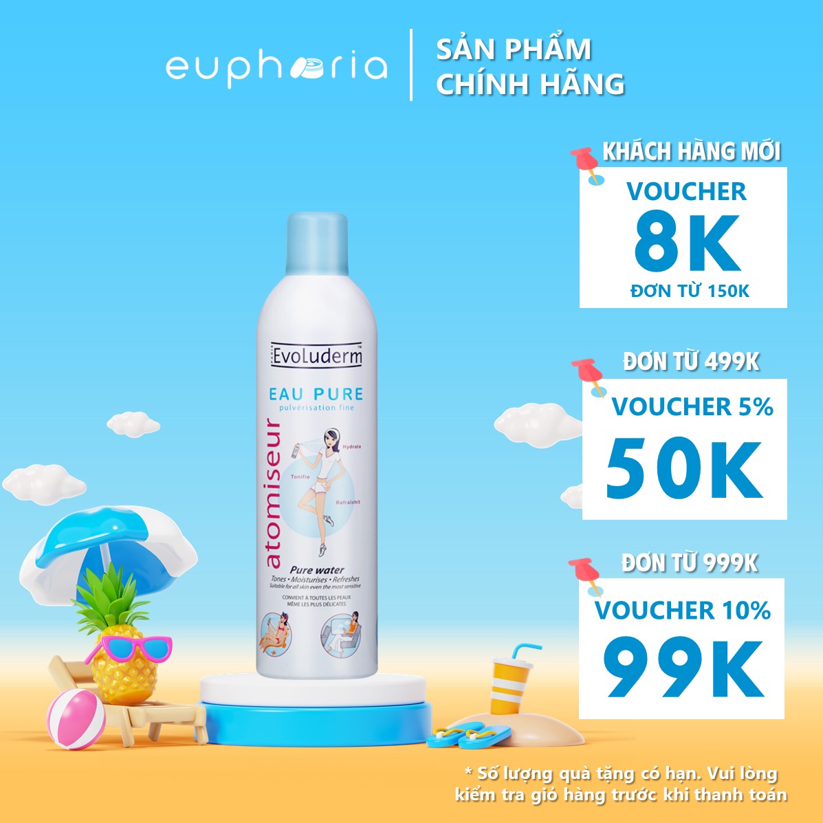 Xịt khoáng evoluderm dưỡng ẩm cấp nước & làm dịu da 400ml atomiseur eau pure
