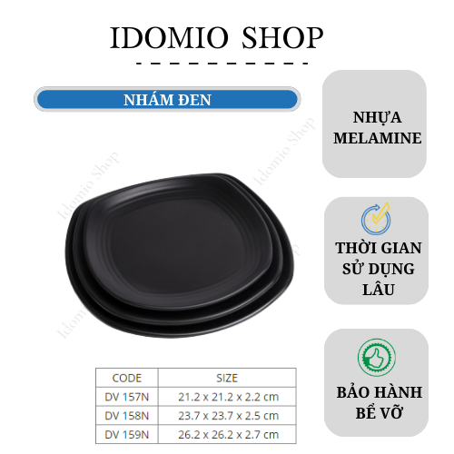 Dĩa Nhựa Vuông Melamine Đen Nhám - 26cm