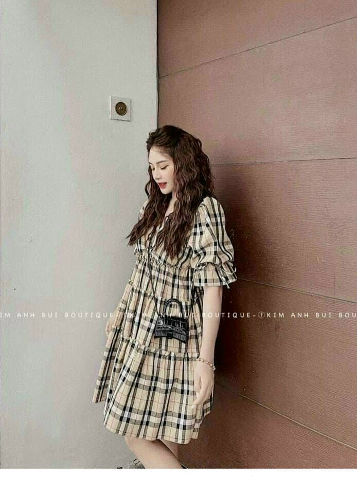 [HCM-CHUYÊN SỈ & LẺ THỜI TRANG] đầm babydoll sọc caro cổ chữ V tay phồng dễ thương xinh xắn