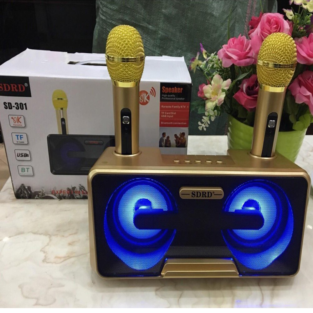 Mic Hat Karaoke Sd-301- Loa Bluetoth Karaoke Mini không dây. Loa nhật công suất lớn Loa Thùng Bluetooth Hát Karaoke hay Loa Bluetooth Karaoke SDRD SD-301+ Kèm 2 Mic Không Dây.Loa karaoke bluetooth có giá đỡ điện thoại.