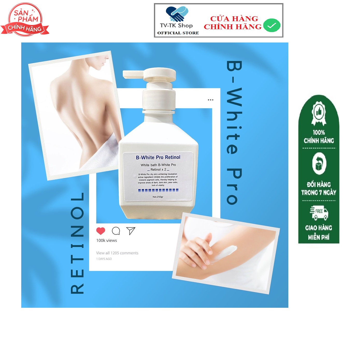 Tắm trắng khô b-white pro retinol - tắm trắng body và face cấp ẩm 400ml - mẫu mới