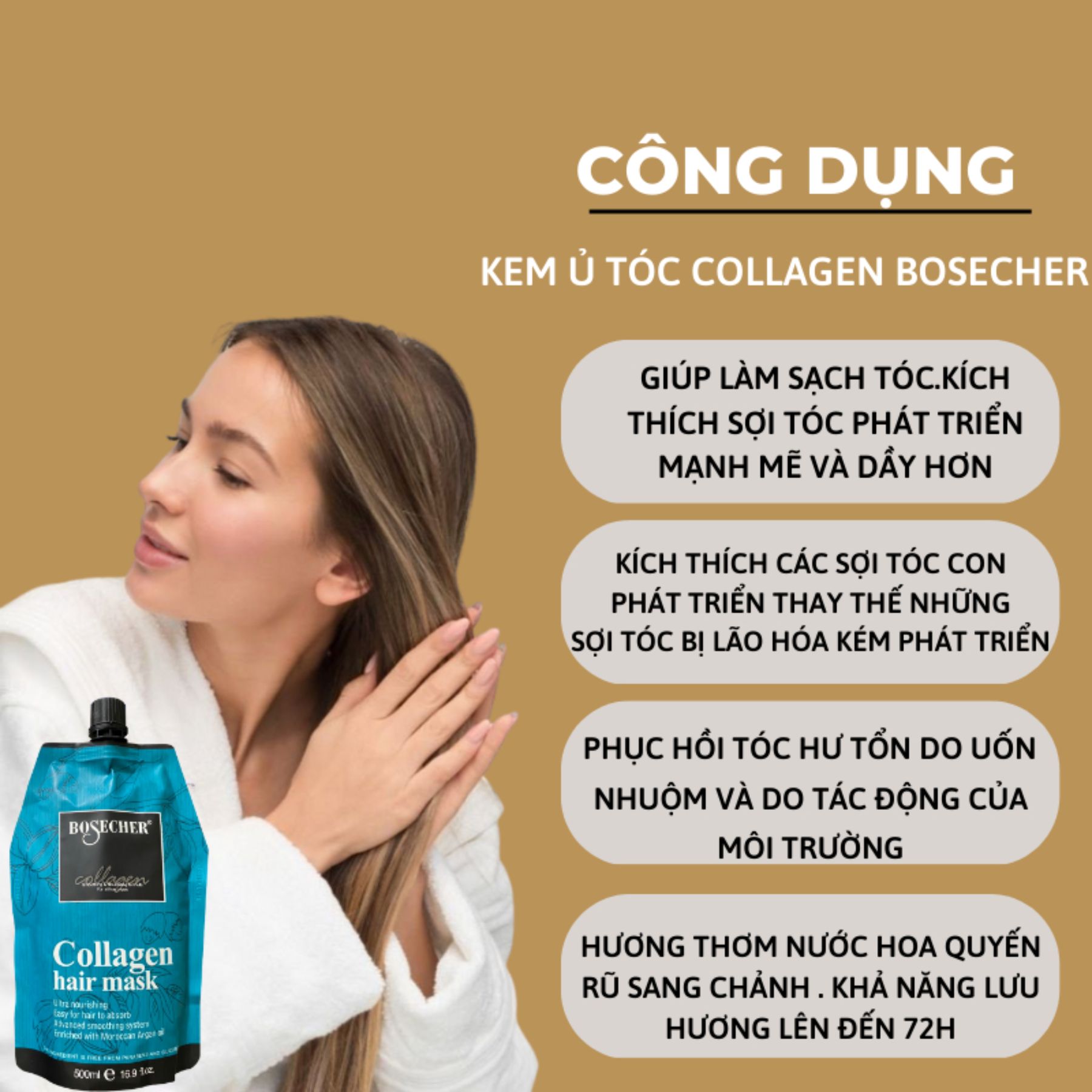 Ủ tóc hấp phục hồi tóc kem hấp hấp tóc BOSECHERCollagen Keratin túi 500ml