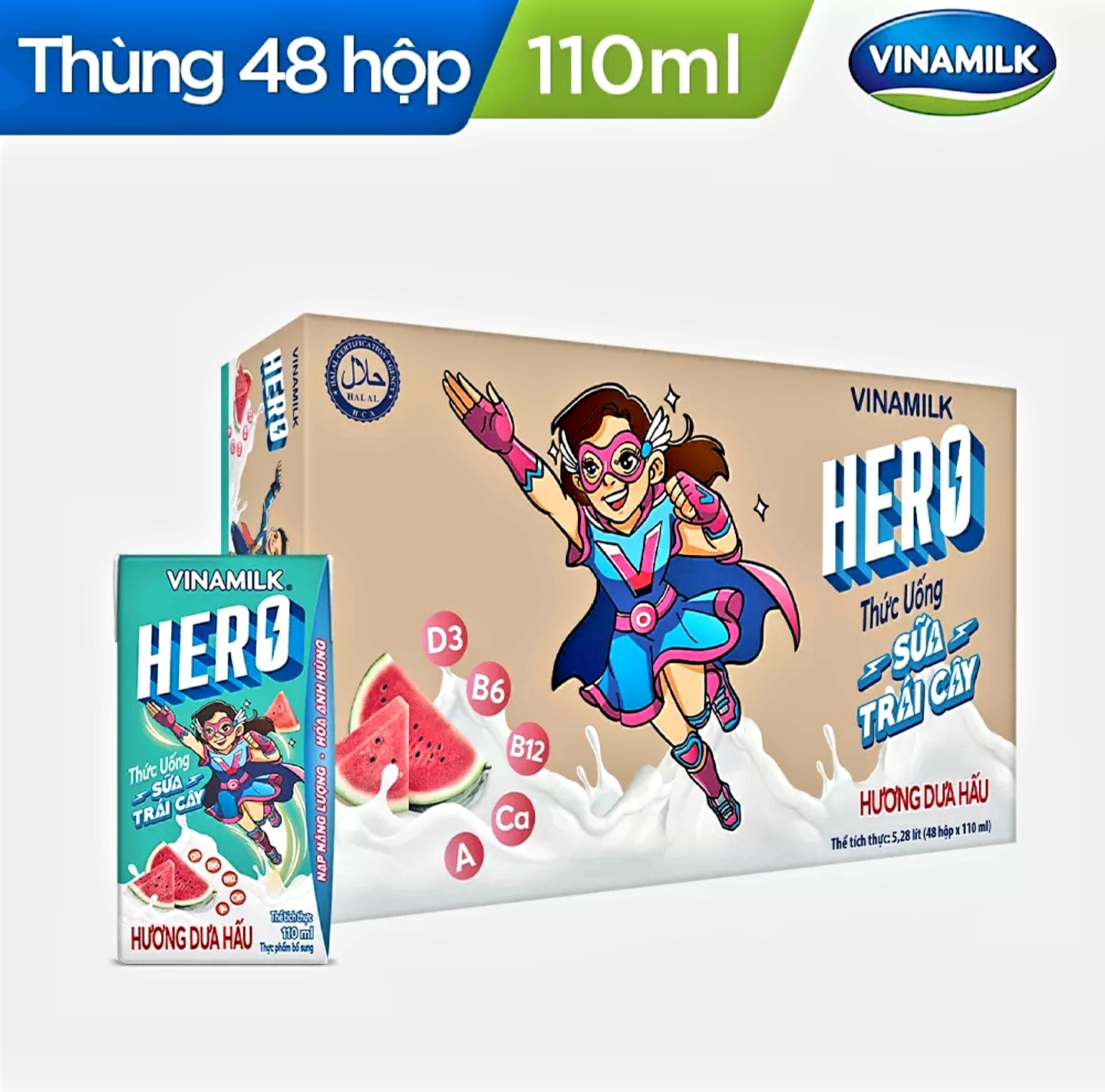 HSD T6-2023 Thùng 48 hộp Thức Uống Sữa Trái Cây Hero Vị Dưa Hấu 110ml.