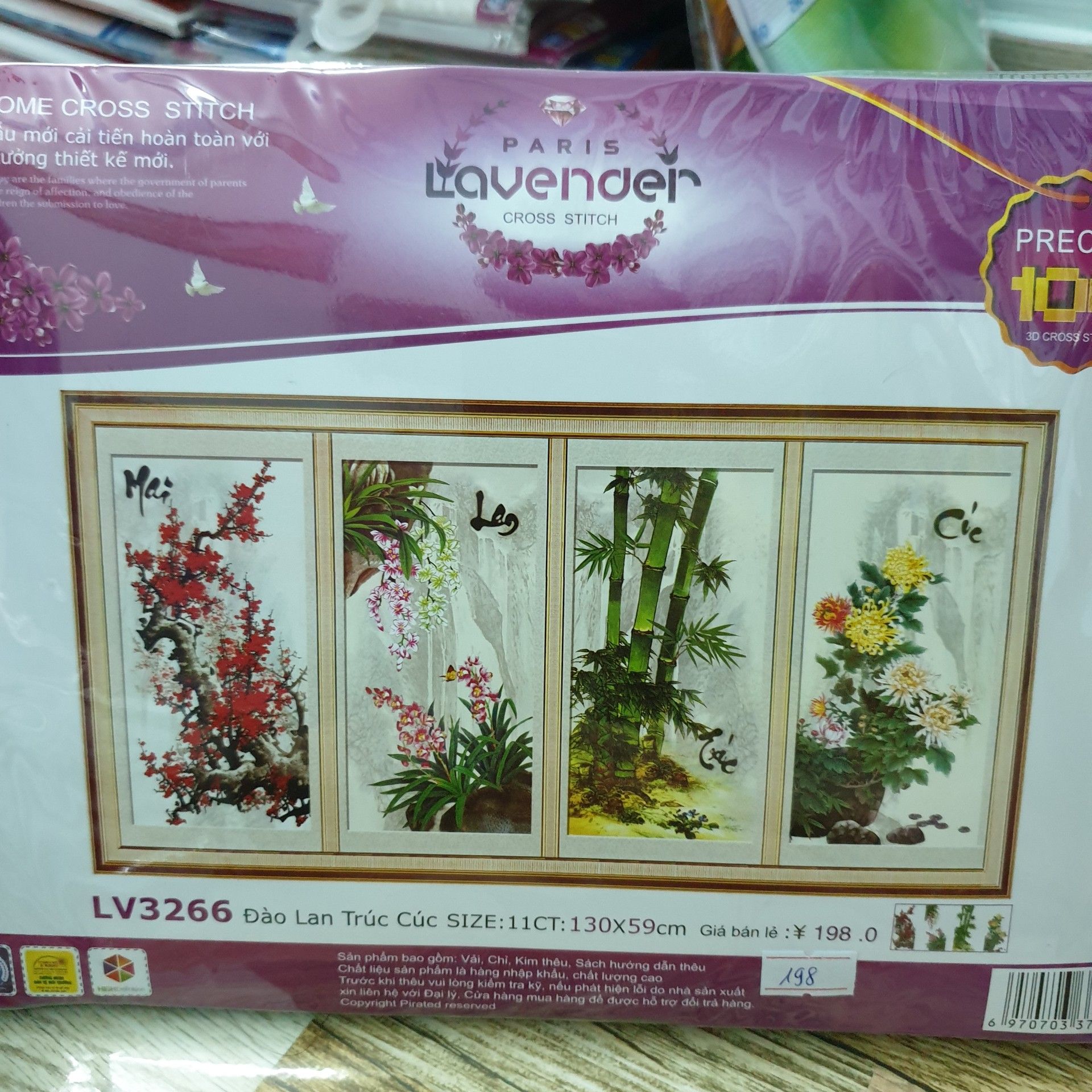 Tranh thêu chữ thập tứ quý mai lan trúc cúc LV3266 - kích thước 130 * 59 cm