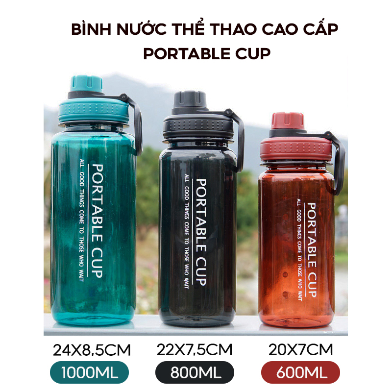 Bình nước thể thao tập gym 1 lít Portable Cup loại cao cấp, chống tràn, gỉ nước - Bình đựng nước có chia vạch và  quai treo