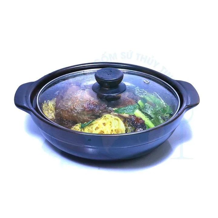 Nồi đất tráng men nắp kính 7'' nấu mì cay