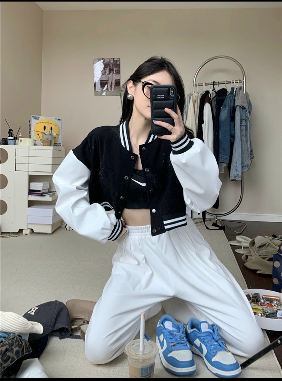Áo khoác Bomber nữ họa tiết phối màu logo Thêu cực chất MẪU LỬNG hàng cao cấp QC Croptop
