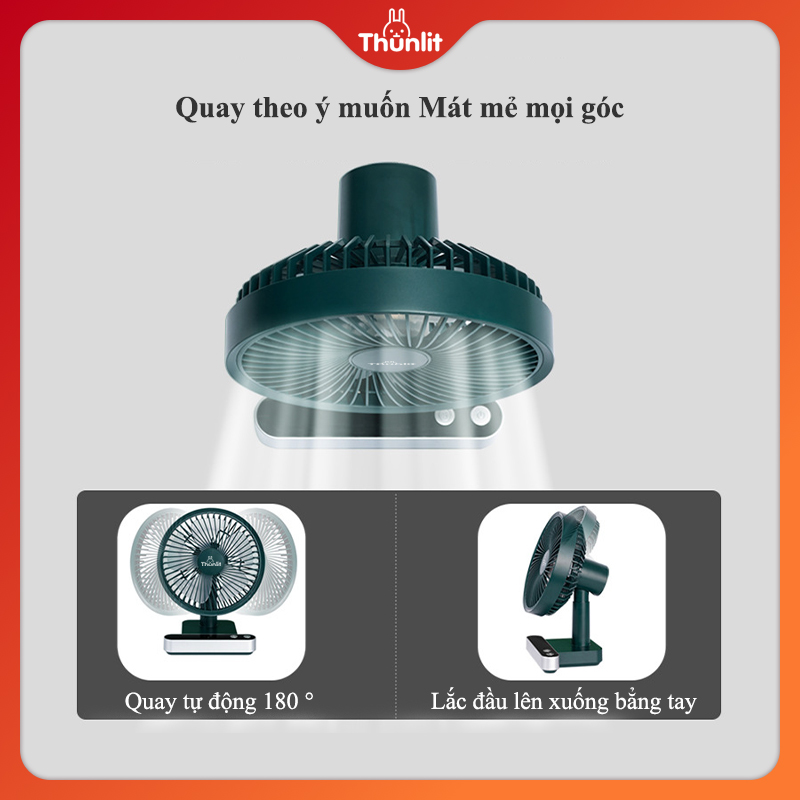 Quạt để bàn quay Thunlit USB 4000mAh có thể sạc lại 4 tốc độ gió 180 ° điều chỉnh tự động im lặng