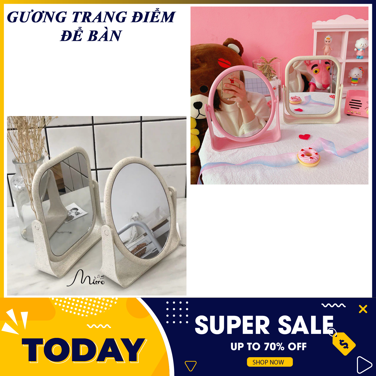 [18x21cm] Gương trang điểm để bàn- GƯƠNG TRANG ĐIỂM ĐỂ BÀN CÔNG CHÚA KIỂU VUÔNG DỄ THƯƠNG 18x21cm - Gương để bàn, Gương soi, Gương gấp để bàn, gương mini, Gương để bàn, gương cute