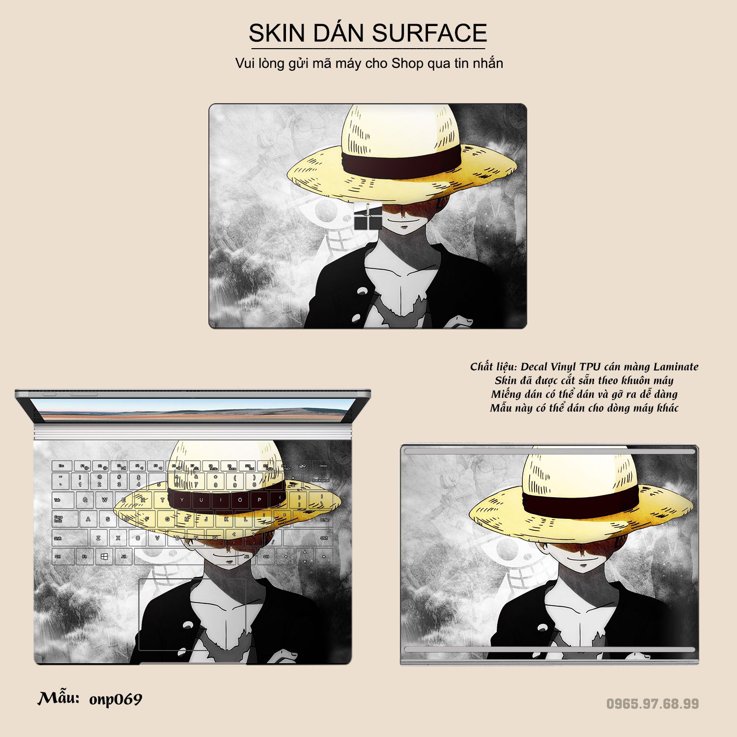 Decal skin dán surface pro / laptop / go / book mẫu one piece