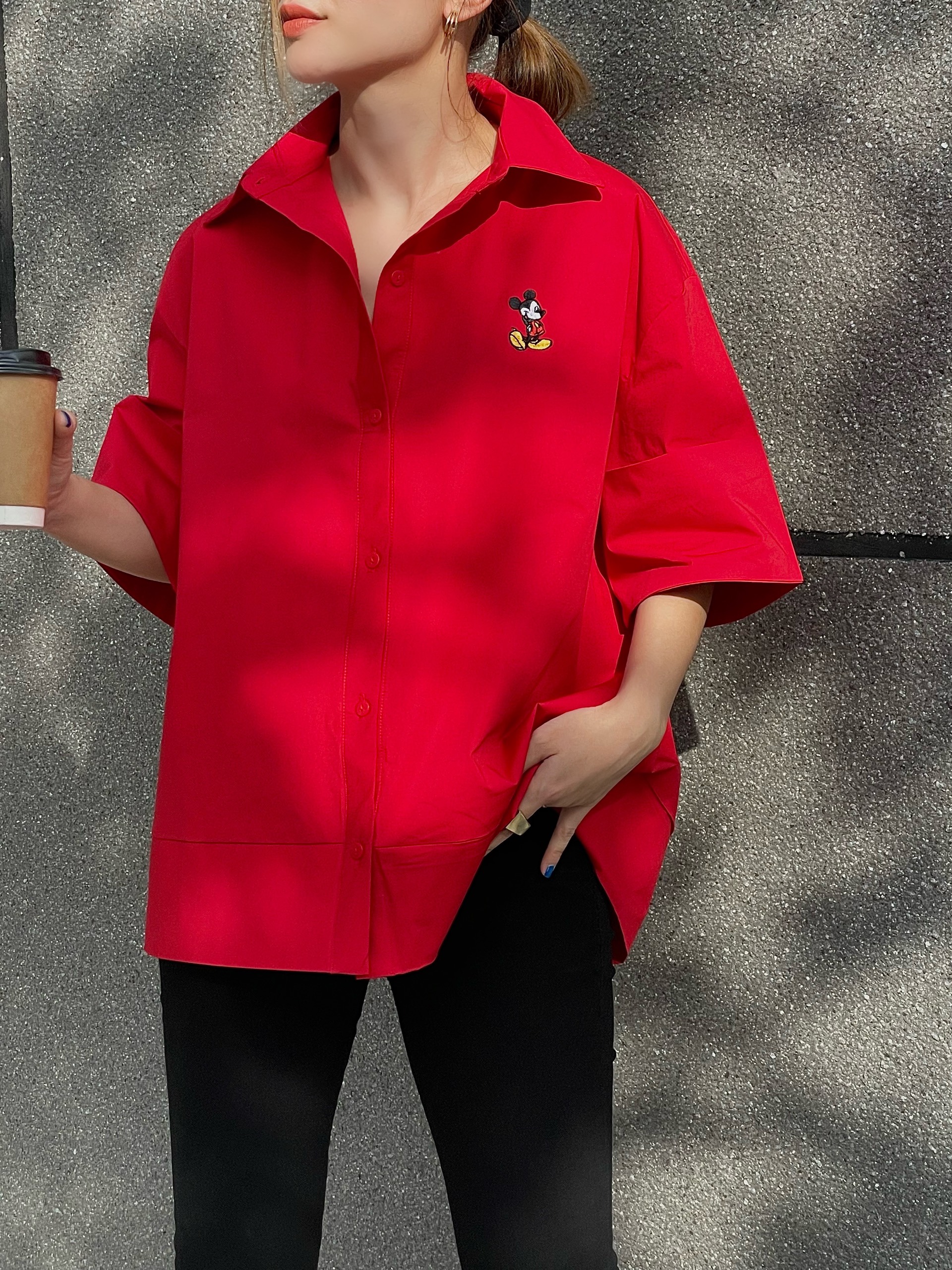 Áo sơ mi đỏ thêu Mickey SY STORE