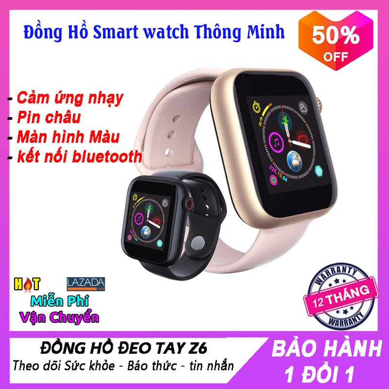 Đồng Hồ thông minh Smart Watch Z6, màn hình cảm ứng, Theo Dõi Nhịp Tim, Kết nối Bluetooth 3.0 Có Camera Hỗ Trợ SIM Thẻ TF đồng hồ dành cho android, nghe nhạc thỏa thích, BH 1 Đổi 1.
