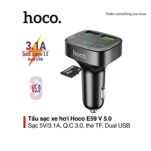 Tẩu sạc xe hơi 5V/3.1A Hoco E59 V5.0, 2 cổng USB khe cắm thẻ TF