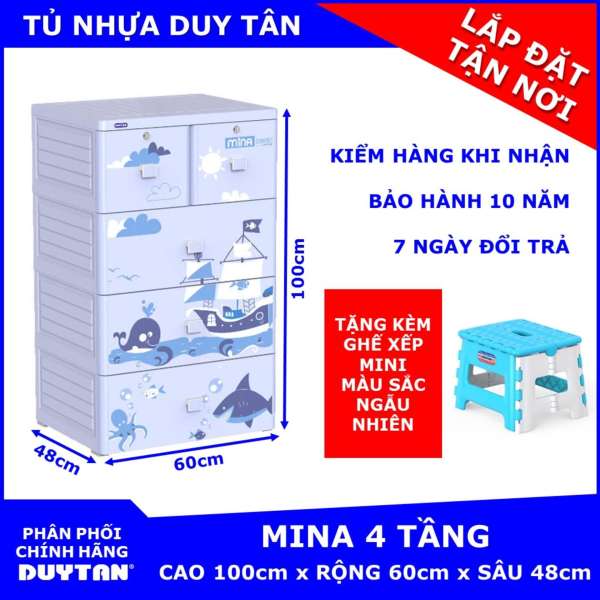 Tủ nhựa cao cấp Duy Tân MINA 4 tầng (Dương Biển) tặng kèm Ghế xếp mini Duy Tân màu sắc ngẫu nhiên