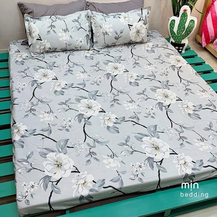 Bộ 4 món ga gối, bộ ga chun vỏ gối kèm vỏ gối ôm HOA DÂY TRẮNG m6x2m và m8 x 2m
