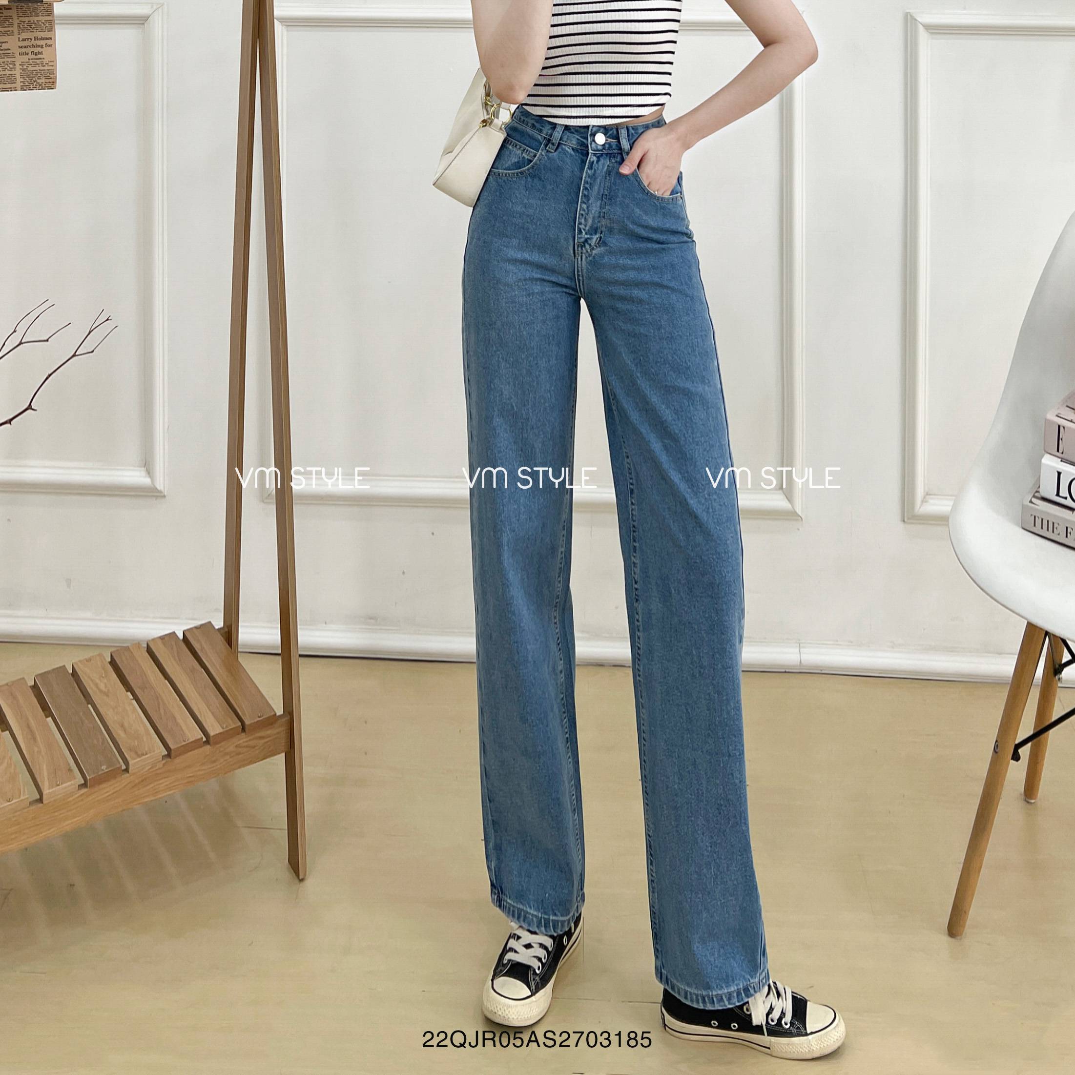 Quần jean nữ ống rộng VMSTYLE QJR00101 lưng cao trơn lai thường N110