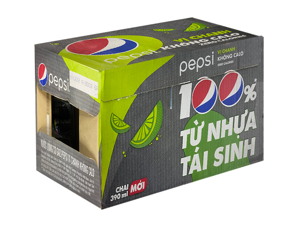 Thùng 24 chai nước ngọt Pepsi không calo vị chanh 390ml / Lốc 6 chai nước ngọt Pepsi không calo vị chanh 390ml