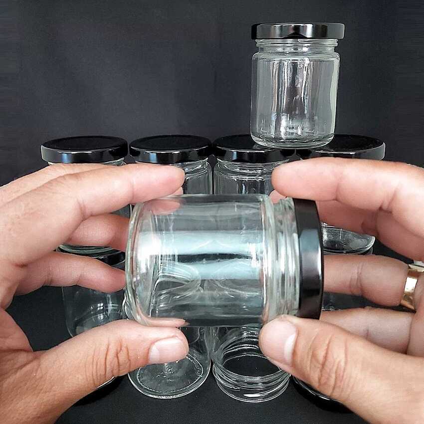 Glass Pot 100ml – Cylinder shape - Black Tin Cap – combo 12 pots