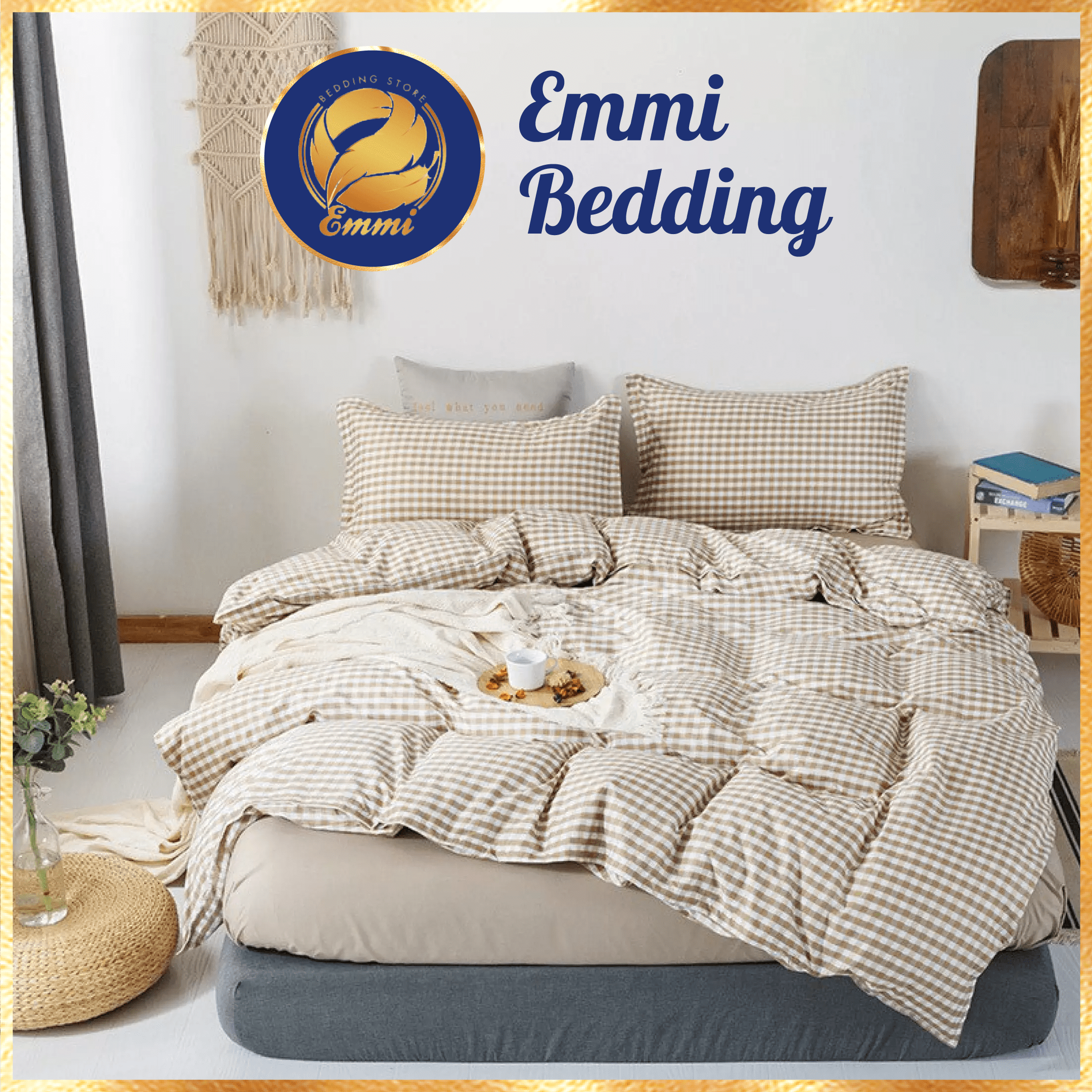 Bộ chăn ga gối cotton 3D hoạt hình 4 món mẫu kẻ caro be EMMIBEDDING STORE