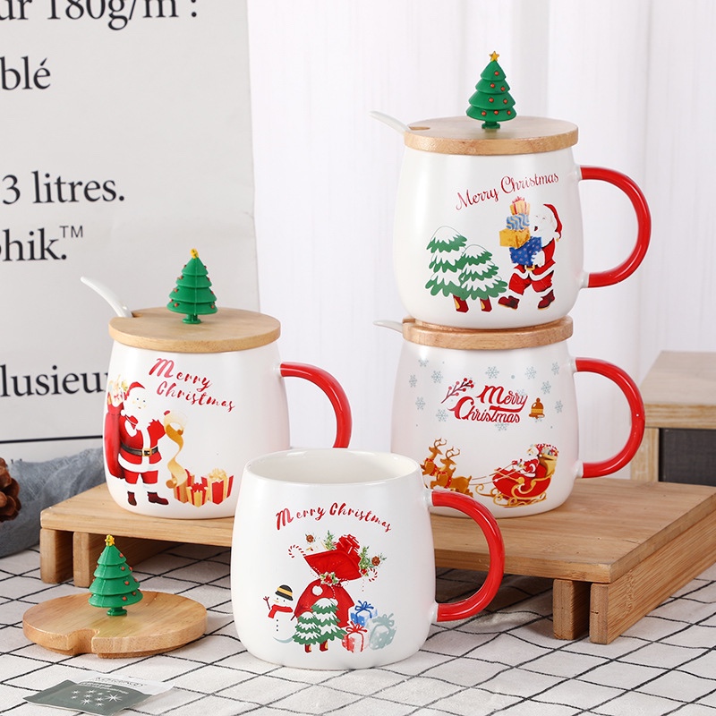 Ly sứ noel kèm muỗng sứ nắp gỗ