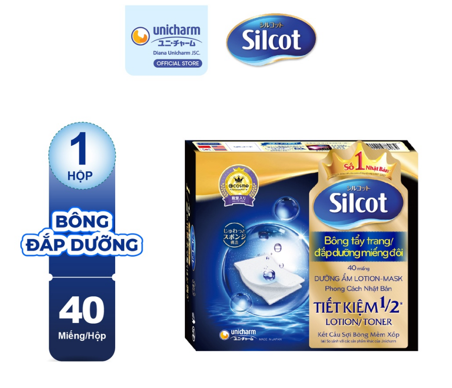 Bông Tẩy Trang SILCOT Unicharm Miếng Đôi Đắp Dưỡng Tiện Dụng Hộp 40 Miếng