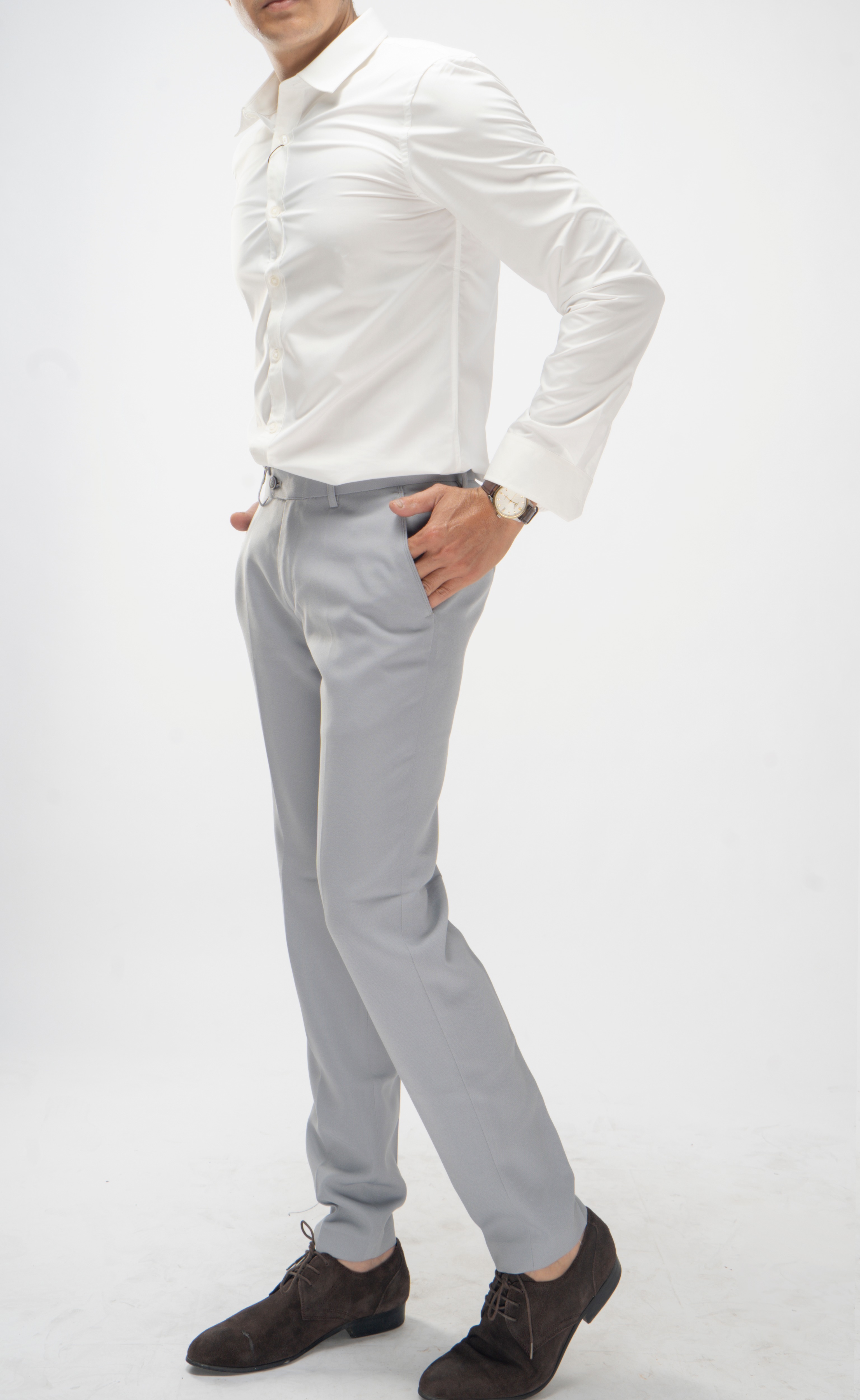 Quần âu quần tây nam xám nhạt phananh 4mans cao cấp co giãn kèm hộp, làm từ chất vải 79, siêu dày dặn, co giãn tốt