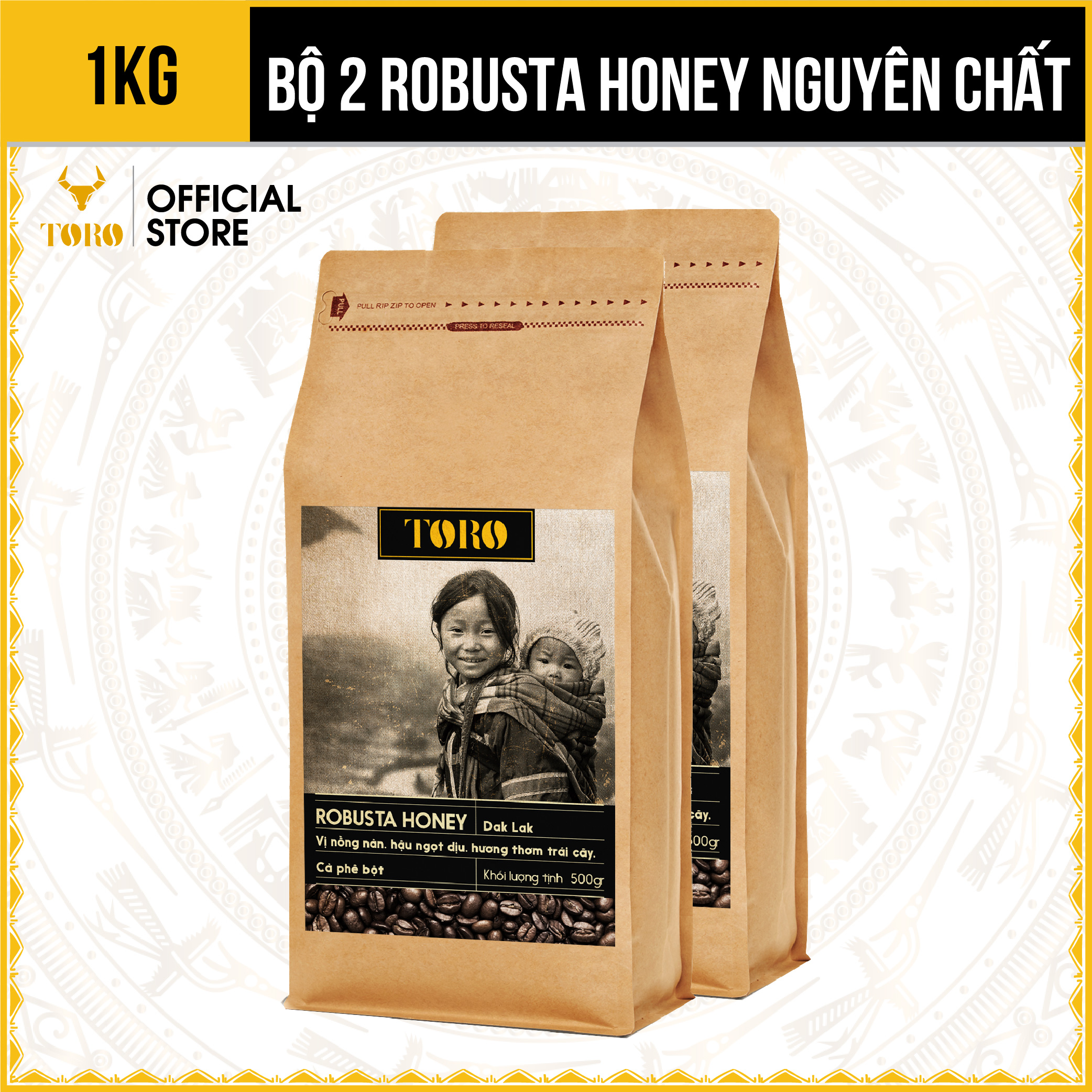 1KG Bộ 2 Cà Phê Bột Toro Robusta Honey Nguyên Chất 100% 500GR Gói TORO FARM