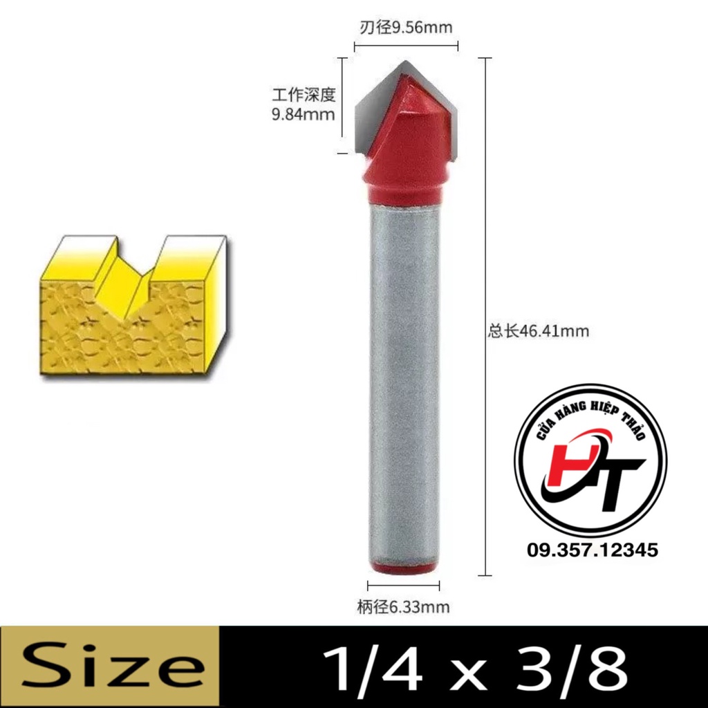 Mũi soi gỗ chữ v mũi phay alu 45 độ cốt 6.35mm đỏ lắp máy phay cầm tay msv-do-tq