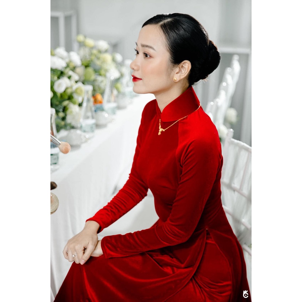 Áo dài cô dâu nhung đỏ, cổ cao