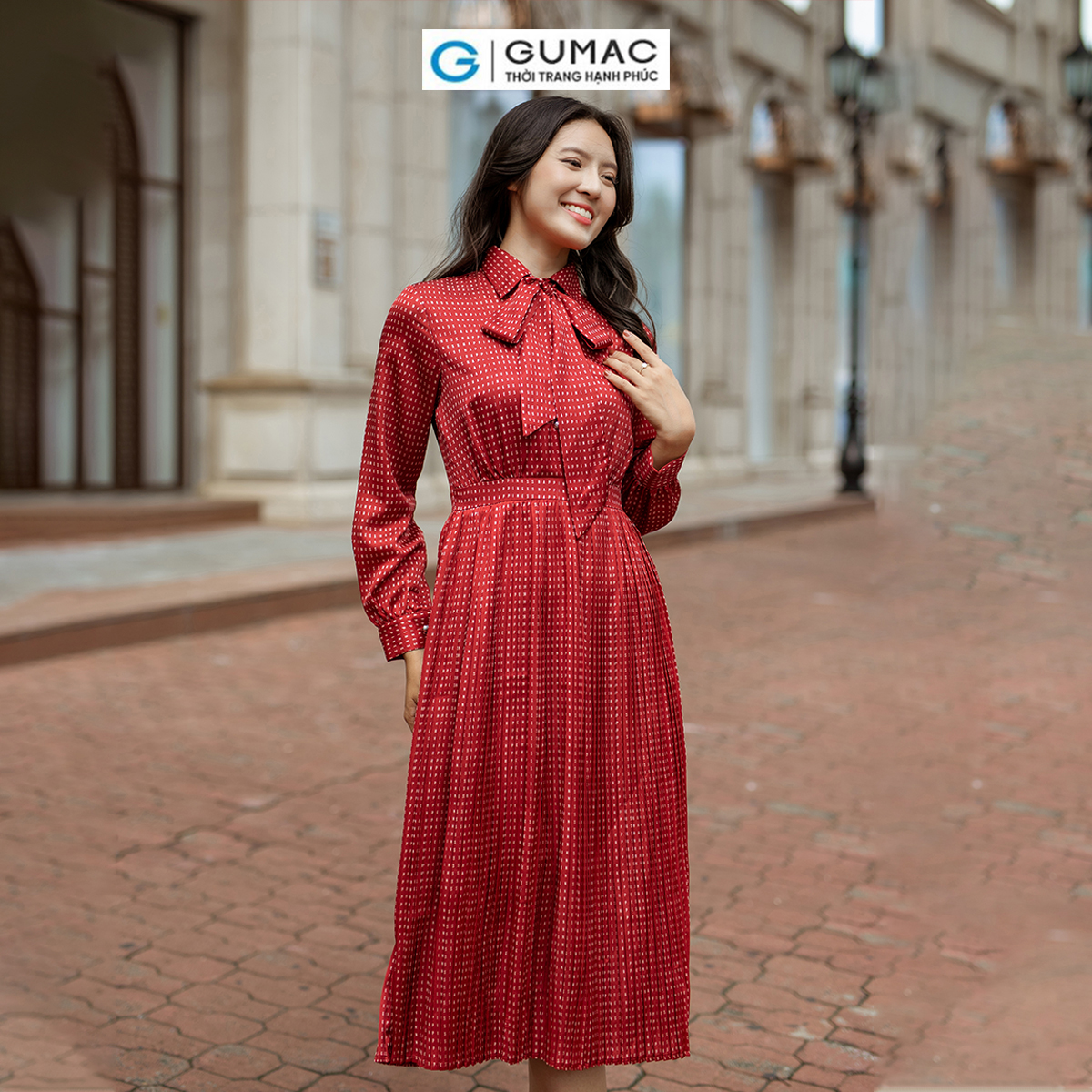 Đầm nữ dập ly buộc nơ thời trang GUMAC DD06042
