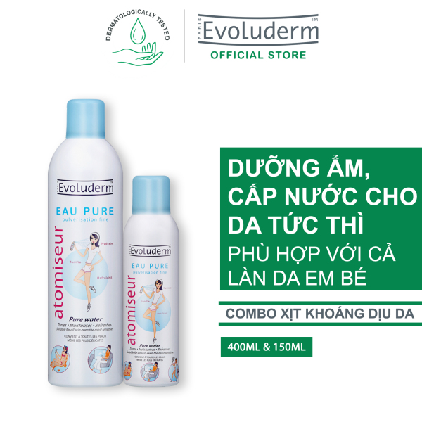 Bộ 2 sản phẩm xịt khoáng dưỡng da cấp ẩm Evoluderm Atomiseur Eau Pure 400ml và 150ml cao cấp