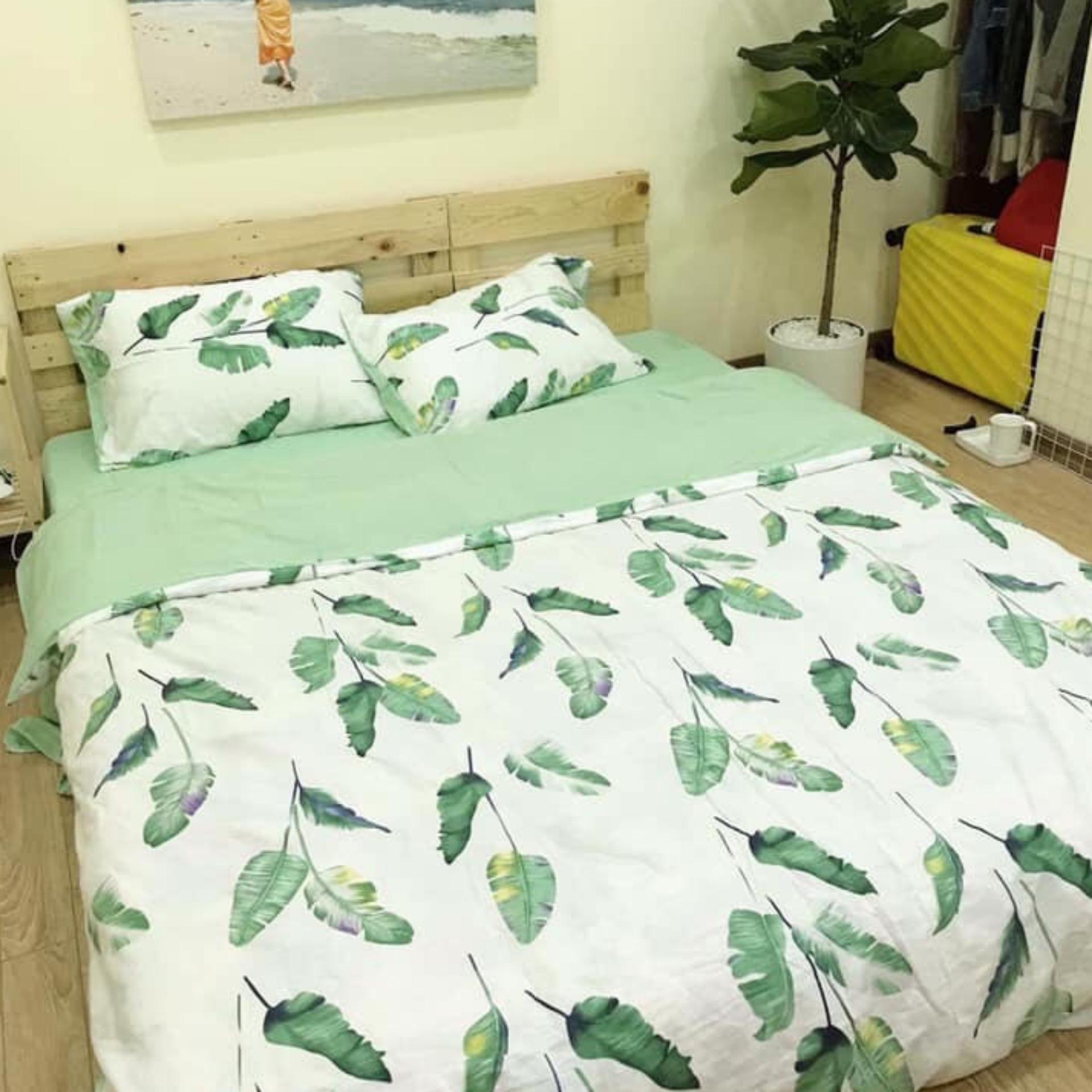 Bộ chăn ga gối đũi nhập lá xanh mới