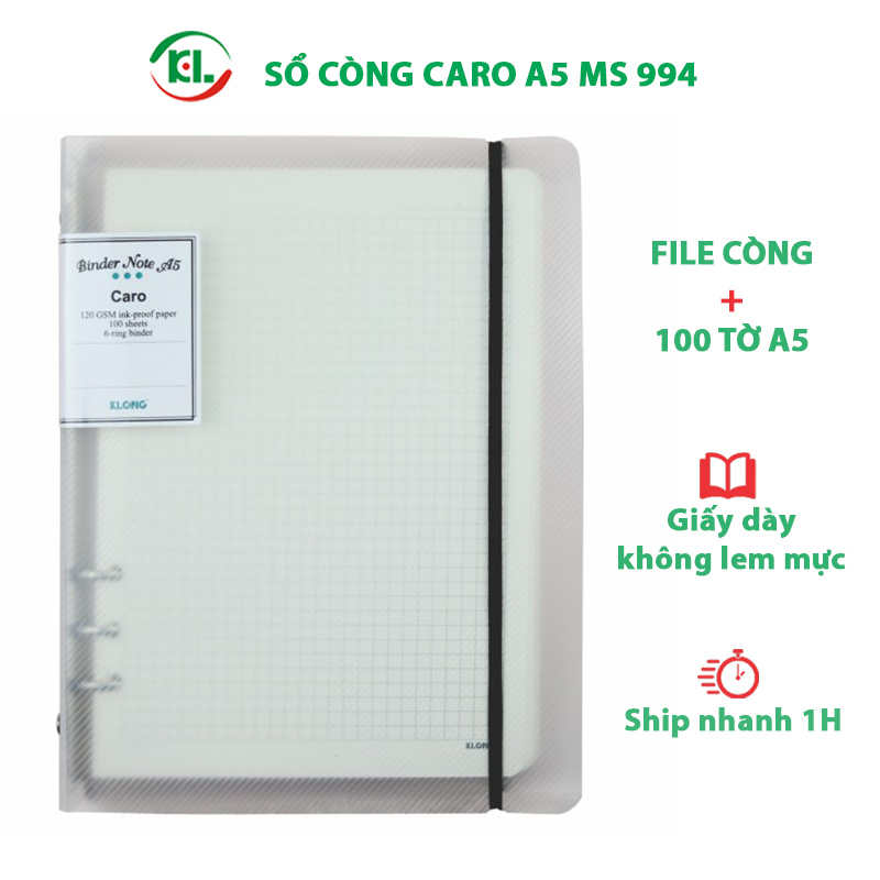 Sổ Còng Klong A5 100 Tờ Ruột Chấm Dot Grid/ Caro Tùy Chọn VPP TUEMINH, Tiện Lợi Thay Giấy Refill- VPP Tuệ Minh