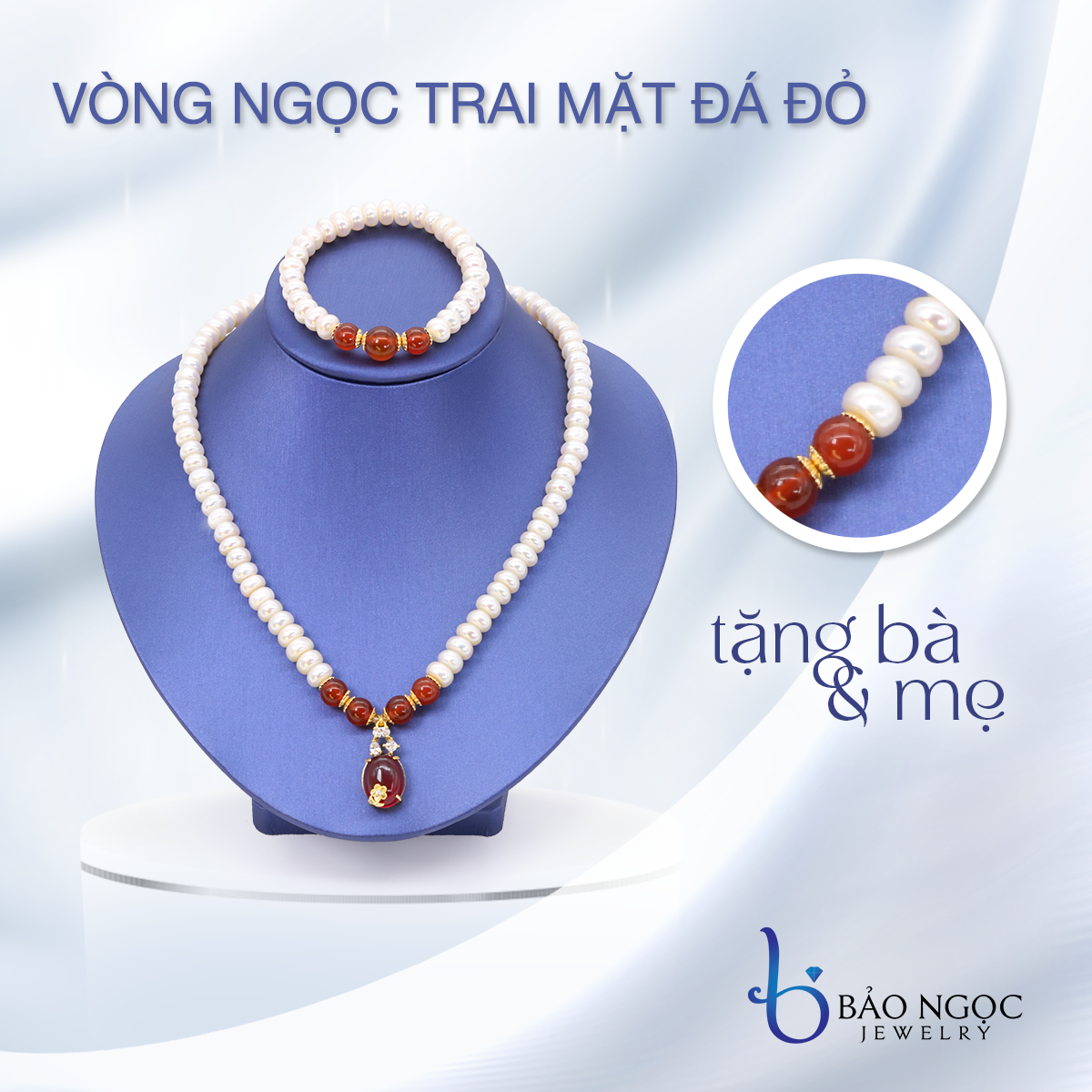 Vòng Cổ Ngọc Trai Nước Ngọt Tự Nhiên Tặng Mẹ Tặng Bà Kết Hợp Đá Mã Não Đỏ Sang Trọng - BNJ1208 - Bảo Ngọc Jewelry