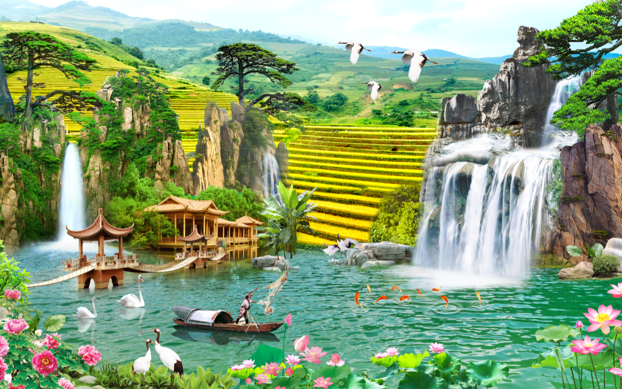 [Deal quà tặng] Tranh dán tường 3d phòng khách sơn thủy hữu tình phong cảnh lãng mạn