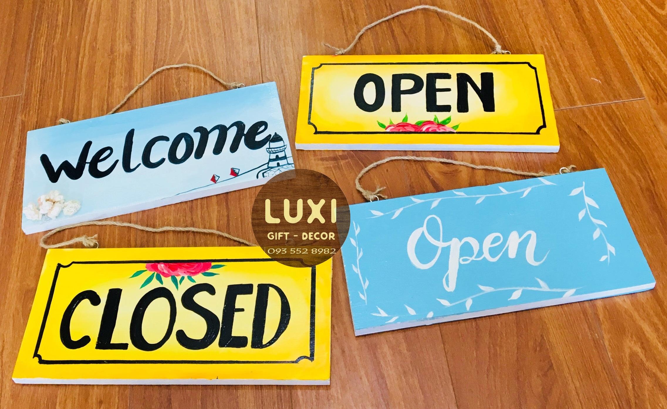 Bảng gỗ vẽ tay 2 mặt Open - Close 05 (xanh dương) LUXI decor