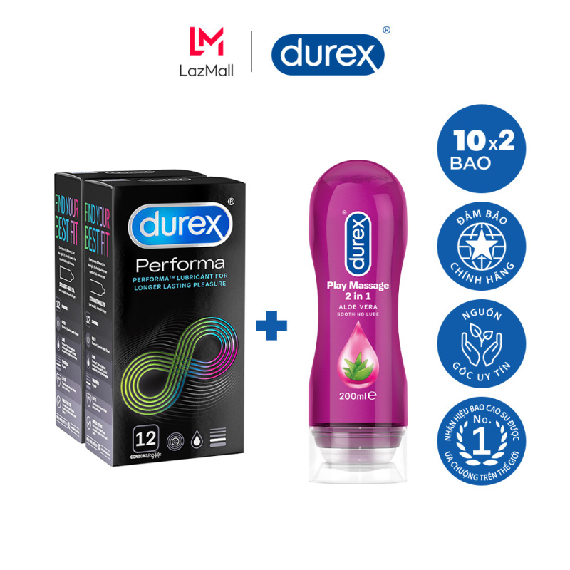 Combo 2 bao cao su Durex Performa 12 bao + 1 gel bôi trơn Play Massage 2  in 1 200ml (FBL) nhập khẩu
