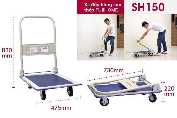 Xe đẩy hàng 4 bánh gấp gọn 100kg Nhập Khẩu CN Nhật Bản Fujihome SH150, bánh cao su siêu bền chống ồn, xe kéo hàng sàn thép gấp gọn đa năng xếp gọn - Bảo hành 1 năm