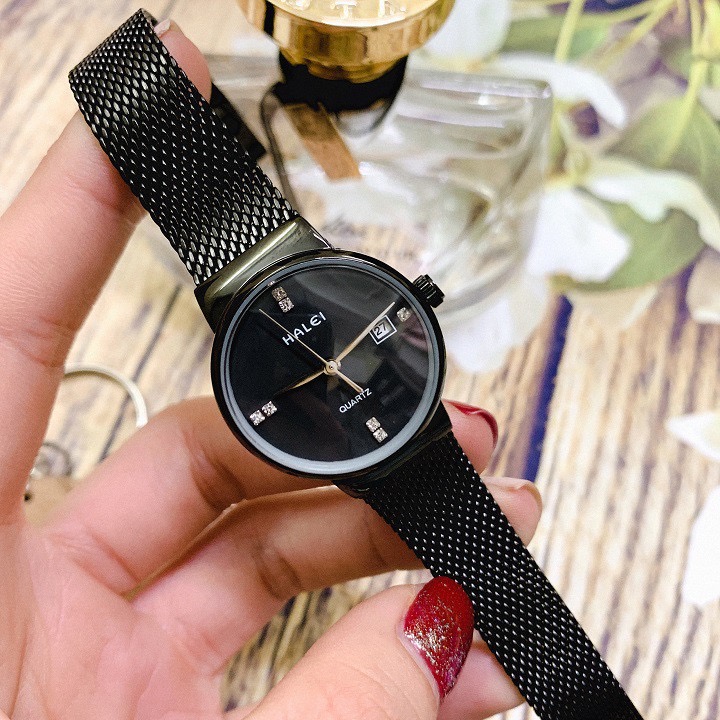 Đồng hồ cặp đôi nam, nữ dây thép lụa Halei Full Black