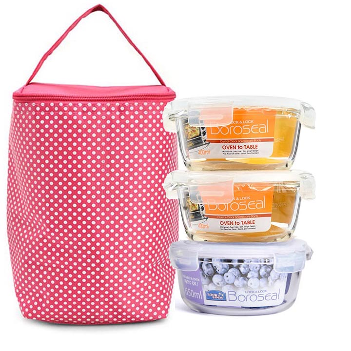 Bộ 3 hộp thủy tinh mang cơm văn phòng kèm túi giữ nhiệt Lock lock dung tích 2 650ml 1 hộp 400ml