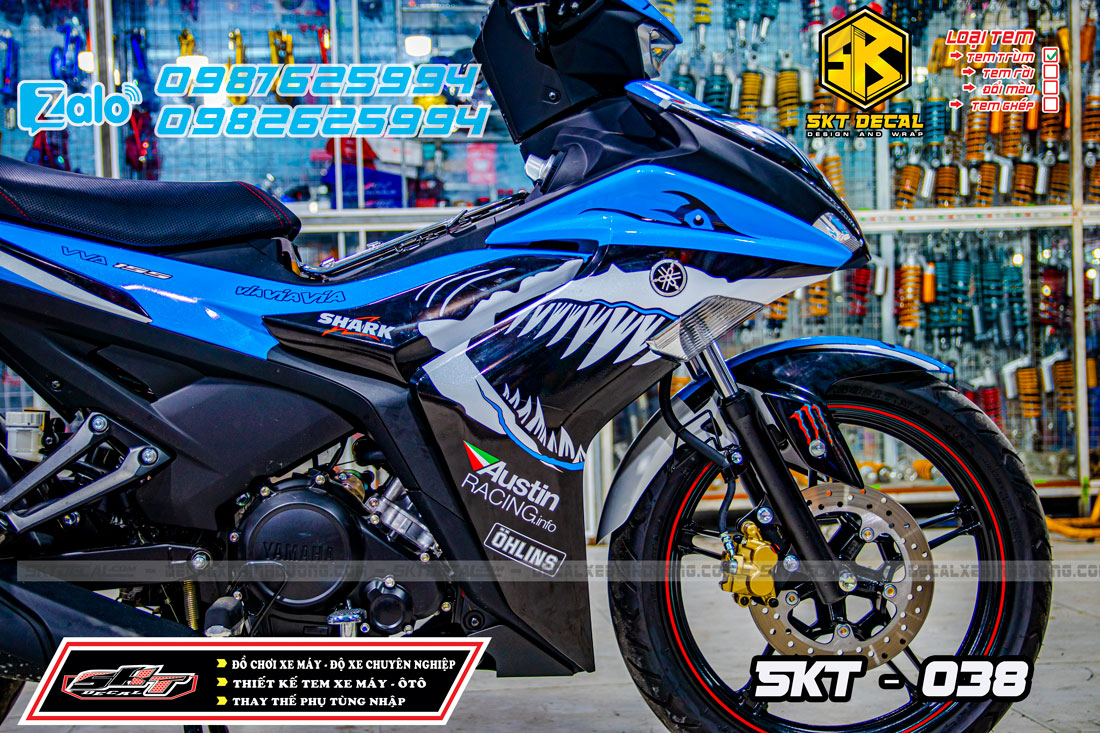tem trùm exciter 155 xanh trắng đen cá mập
