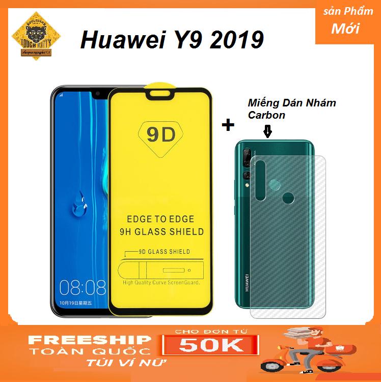 Kính cường lực Full màn 9D cho Huawei Y9 2019 + Miếng Dán Carbon Nhám Mặt Lưng Máy