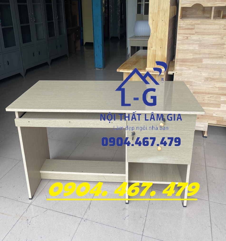 Bàn làm việc gỗ okal màu kem - bàn làm việc có ray kéo bàn phím