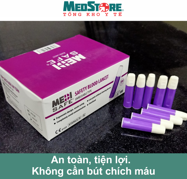 Kim chích lấy máu tiểu đường không cần bút MediSafe vô trùng an toàn (hộp 100 kim) - TBYT Medstore -dùng cho các máy đo đường huyết