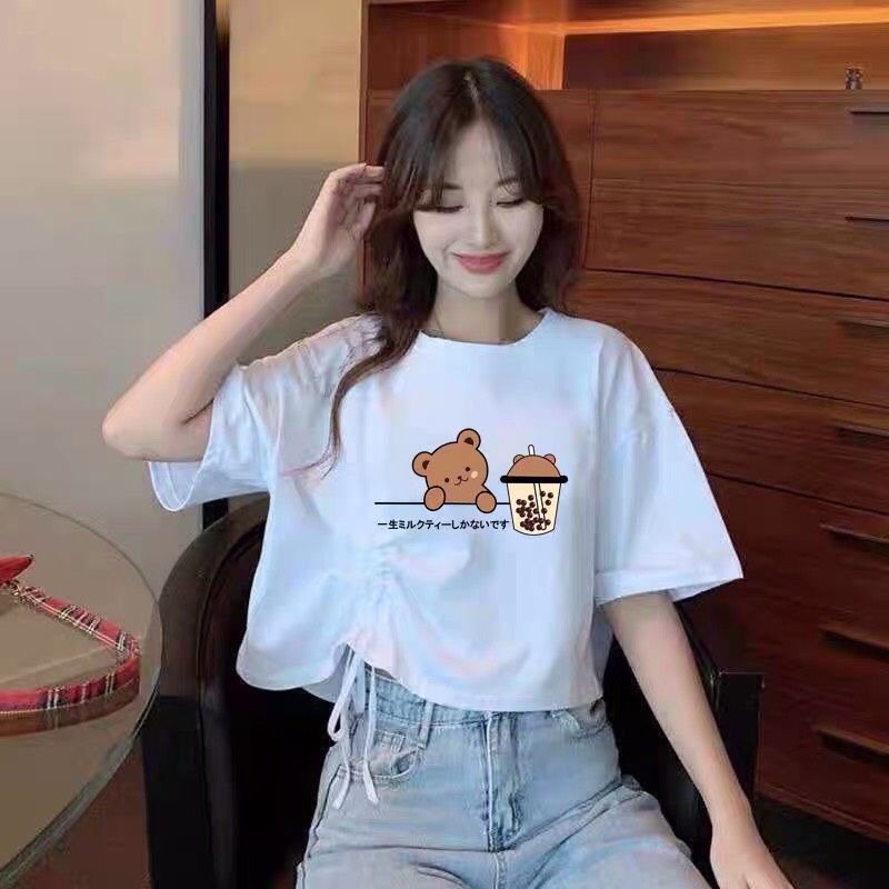 ÁO CROPTOP DÂY RÚT EO IN HÌNH DỄ THƯƠNG